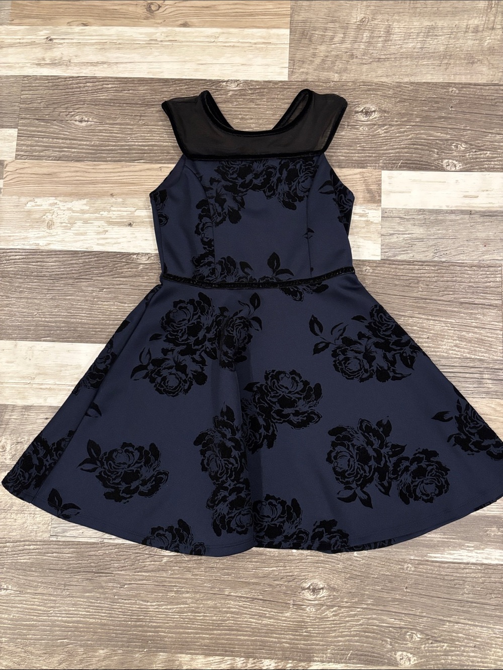 Zunie Navy and Black Floral Fit-and-Flare Dress with Sheer Yoke